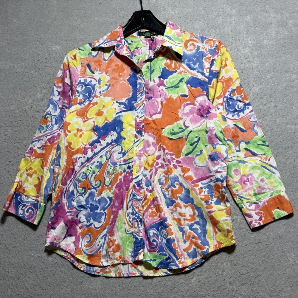 Lauren Ralph Lauren Shirt S Colorful Floral Pattern 3/4 Sleeve Button-Up Cotton